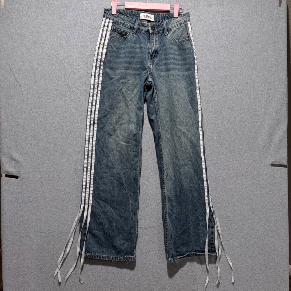 Telepatia Baggy Side Stripe Ribbon Jeans Wide Leg Y2K Blokette Coquette 90s